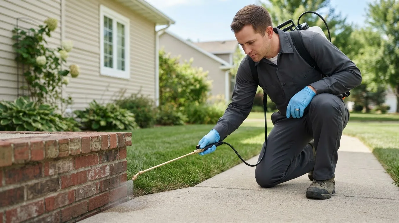Pest control technician treating a home near Wayside, WV